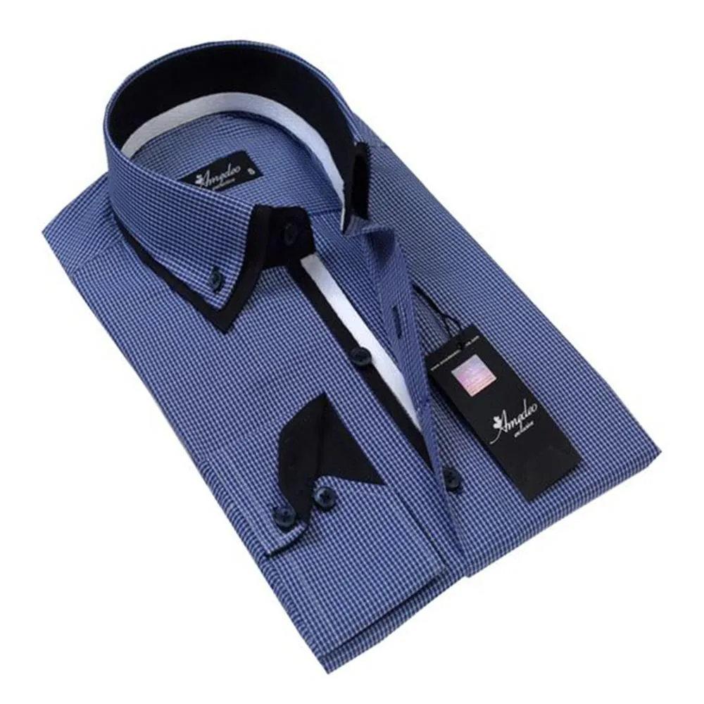 Blue Checkers Mens Slim Fit Designer French Cuff Shirt - tailored Cotton Shirts for Work and Casual Wear