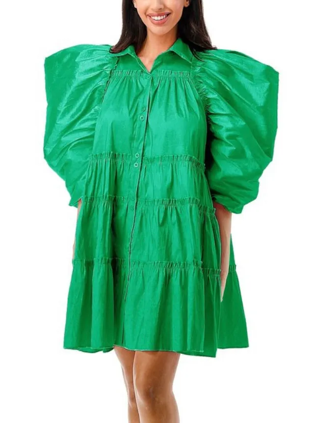 Green Balloon Sleeve Dress