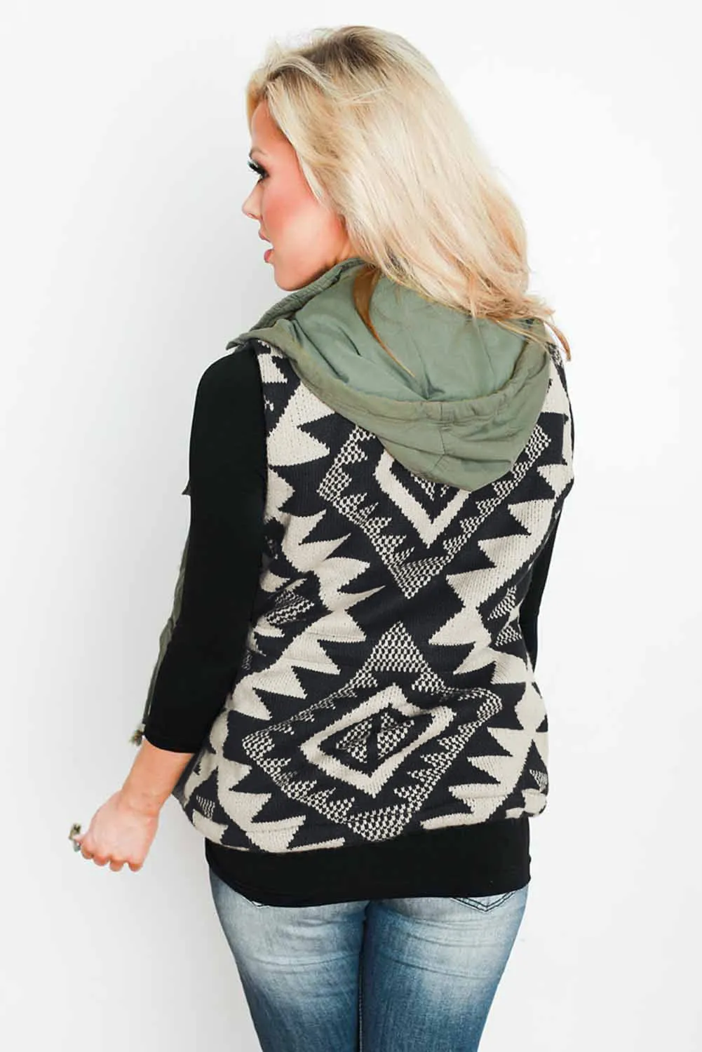 Olive Aztec Back Hooded Vest
