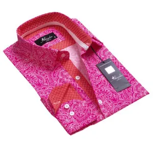 Pink Red & White Paisley Mens Slim Fit Designer Dress Shirt - tailored Cotton Shirts for Work and Casual Wear