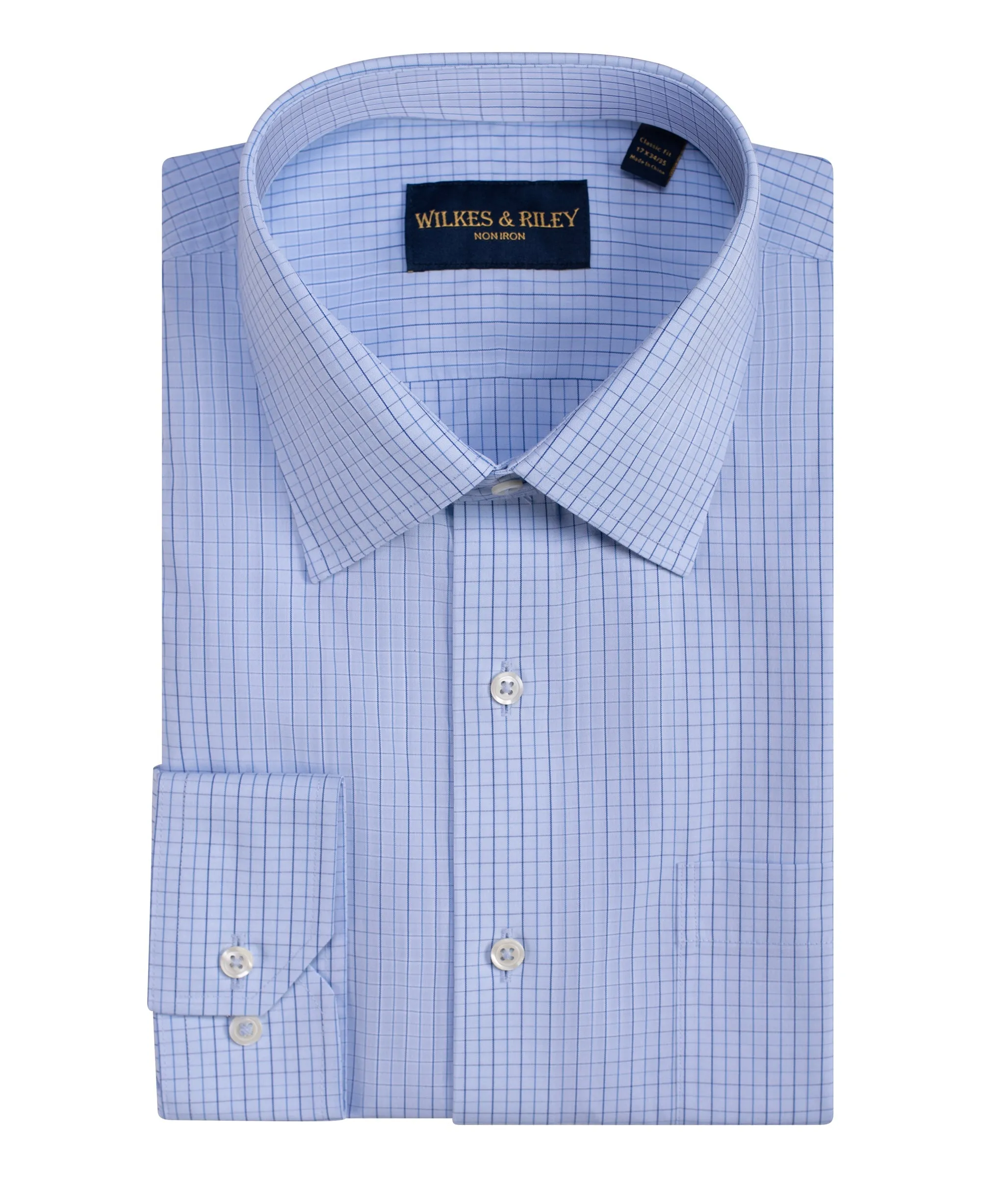 Tailored Fit Light Blue Ground Tattersall Spread Collar Non-Iron Broadcloth Dress Shirt